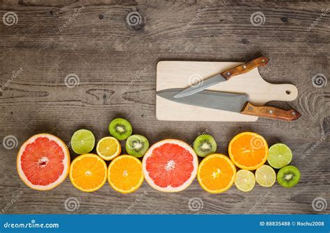 Fresly Cut Fruits Cutting Board With Place For Text Stock Photo Image