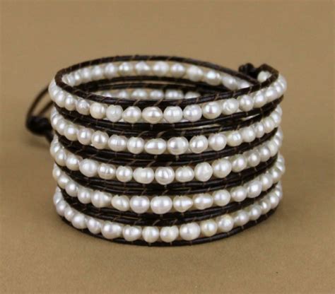 Natural Freshwater Cream Pearl Beaded Leather Wrap Bracelet Leather