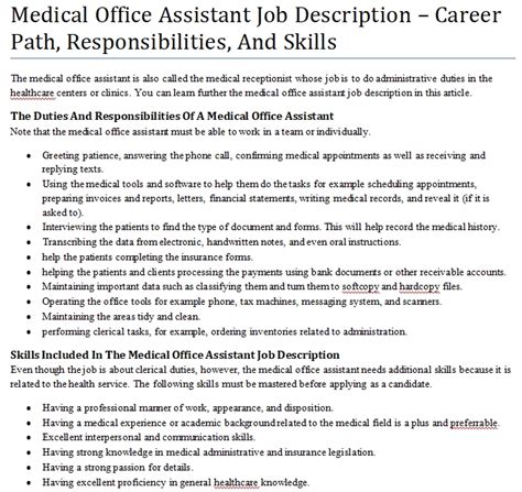 Medical Office Assistant Job Description Career Path