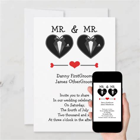Mr And Mr Love Heart Tuxedo Gay Wedding Invitation Zazzle