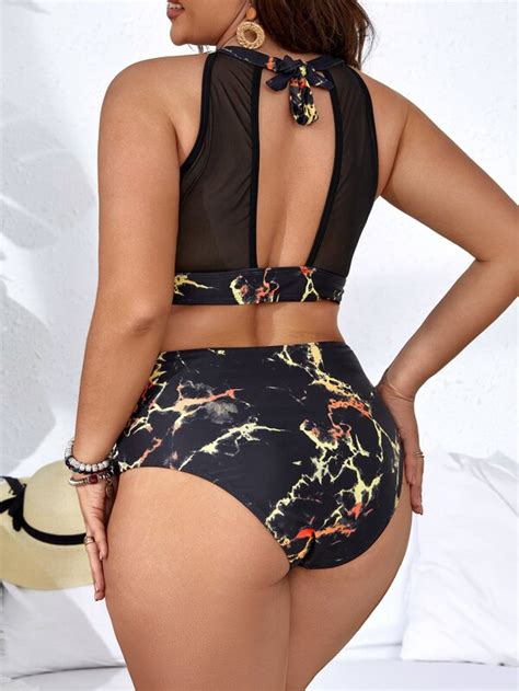 Plus Marble Print Contrast Mesh Bikini Swimsuit Shein Usa