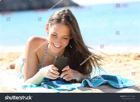 Happy Girl Bikini Using Smart Phone Stock Photo Edit Now