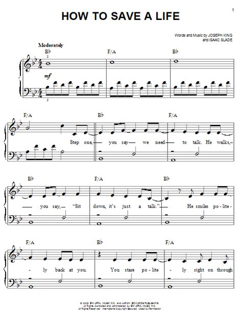 How To Save A Life By The Fray Sheet Music For Easy Piano At Sheet