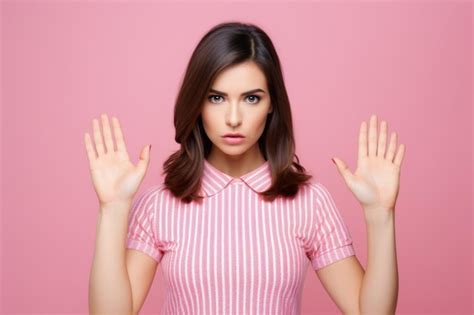 Premium Ai Image Unsatisfied Woman Making A Stop Gesture Attractive Brunette In Casual Attire
