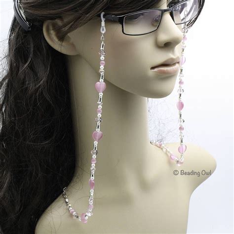 Pink Heart Eyeglasses Chain Beaded Glasses Chain Pink Heart Beaded Lanyard Pink And Silver