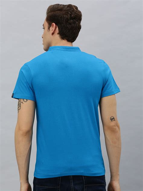 Urbano Fashion Mens Sky Blue Solid Mandarin Collar Slim Fit Cotton T