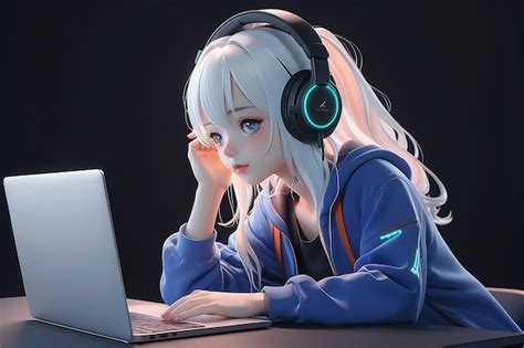 Premium Photo Anime Girl With Headphones And A Laptop Generative Ai