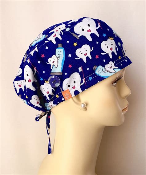 Navy Blue Happy Dental Scrub Cap With Buttons Surgical Cap Etsy