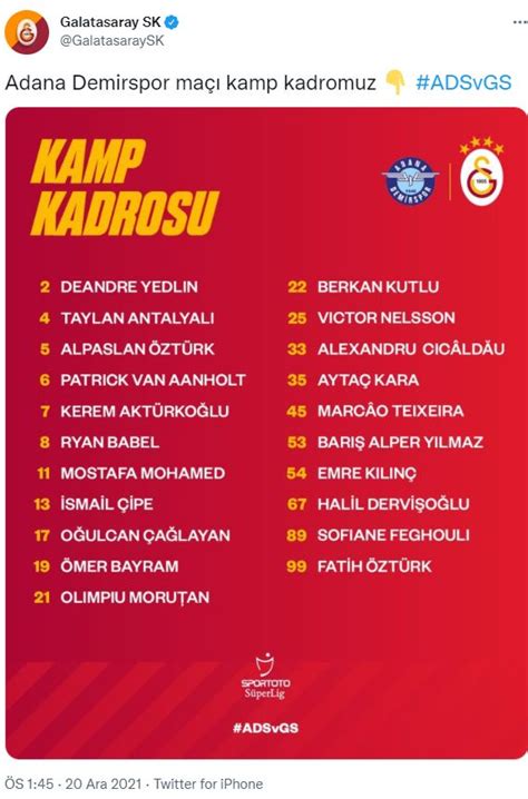 Galatasaray ın Adana Demirspor maçı kadrosu belli oldu