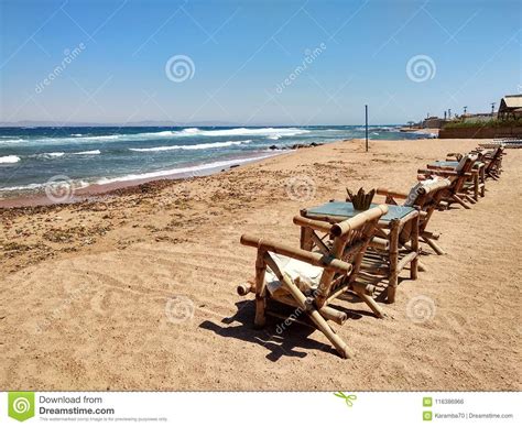 Fileira Da Sala De Estar De Bambu Do Chaise Na Praia Em Dahab Sinai