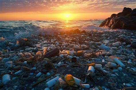 Garbage from plastic bottles in the sea , sunset ,Generative AI ...