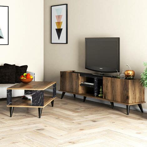 Meuble Tv Et Table Basse Hovela Bois Naturel Et Effet Marbre Noir