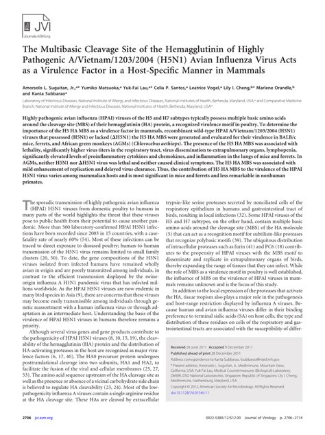 (PDF) The Multibasic Cleavage Site of the Hemagglutinin of Highly Pathogenic A/Vietnam/1203/2004 ...