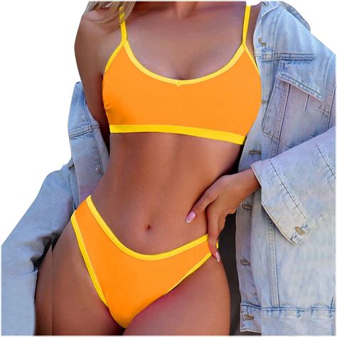 Utsjkr Bandeau Bikini Sets For Women Adjustable Splicing Color High Cut Thong Swimsuit Bottom