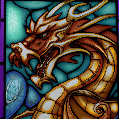 Square Stained Glass Window With Dragon In Hyper Realistic And