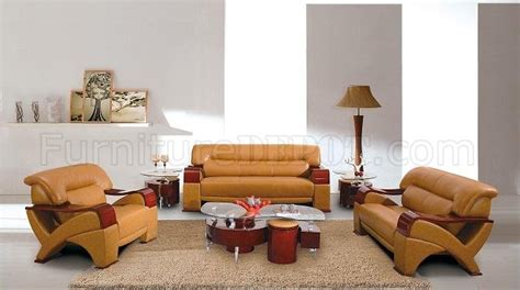 Camel Leather Modern 3Pc Sofa Set w/Wooden Arms