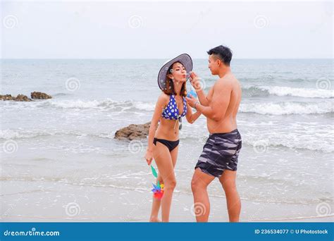 Portrait Couple In Love Bikini On The Beach Happy Life On Summer Season Stock Image Image Of
