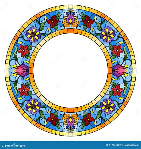 Stained Glass Illustration Flower Frame Bright Flowers And Leaves In Blue Frame On A White