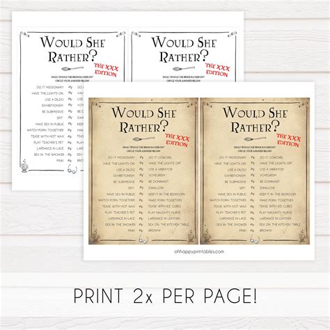 XXX Would She Rather Game | Printable Adult Bachelorette Party Games