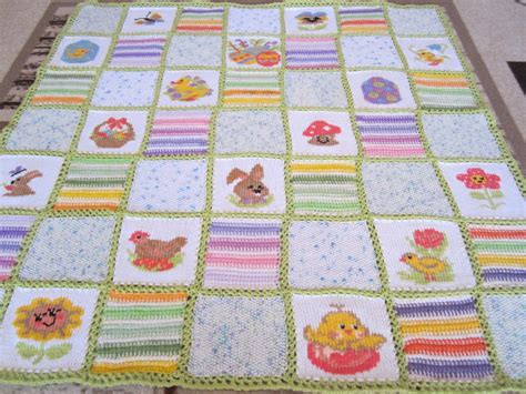 Hand Knitted Afghan Patchwork Baby Blanket