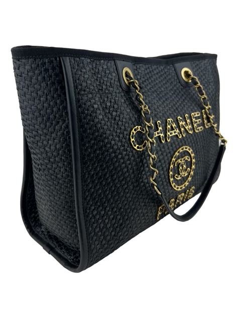 Bolsa Alça Chanel Straw Raffia Deauville Tote Preta Original