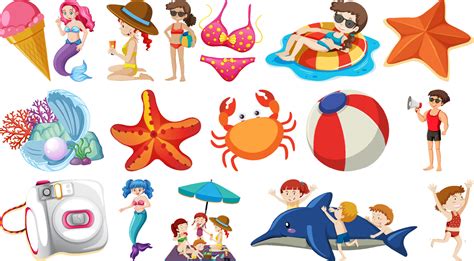 Set Of Summer Beach Objects And Cartoon Characters 4457724 Vector Art At Vecteezy