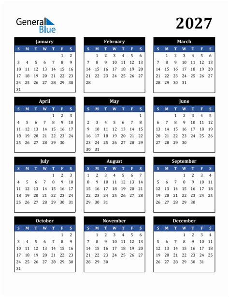 Free 2027 Calendars in PDF, Word, Excel