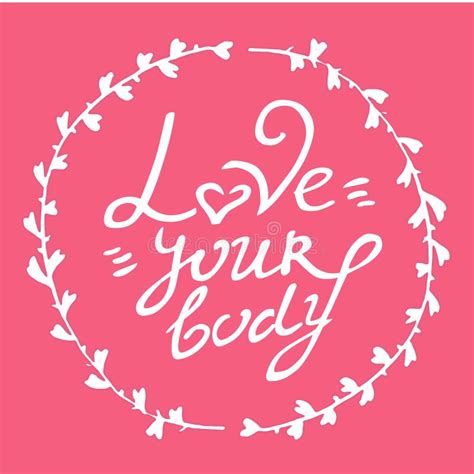 Body Postive Hand Drawn Love Your Body Lettering In Circle Of Twigs On Pink Background Stock