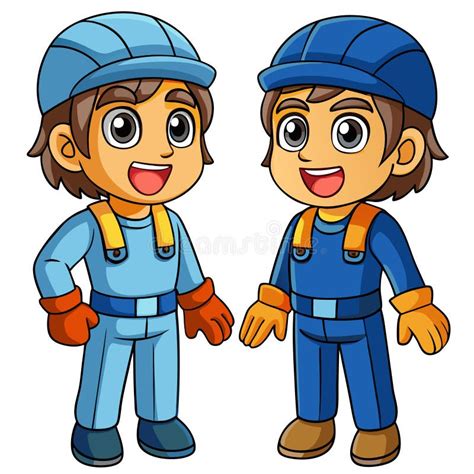 cheerful cartoon workers wearing safety helmets  work suits