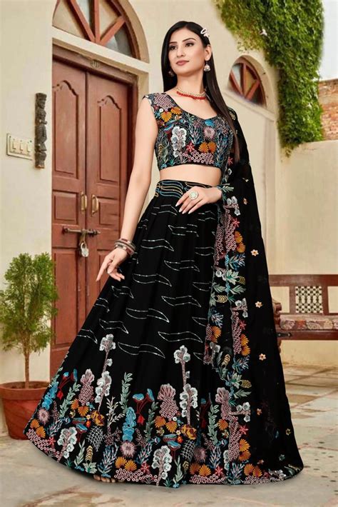 Black Color Premium Georgette Floral Sequencial Embroidery Work Lehenga