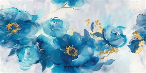 Abstract Blue Floral Art with Gold Highlights Modern Elegant Flower ...