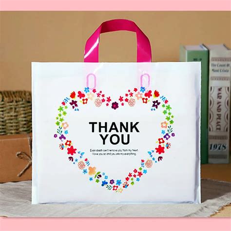 White Plastic Shopping Bag With Handle Thank You Heart Flower Print