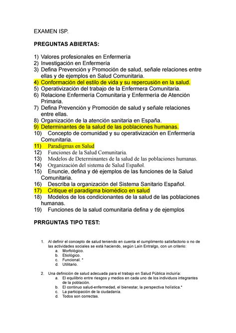 Salud Publica Preguntas De Desarrollo Y Tipo Test EXAMEN ISP