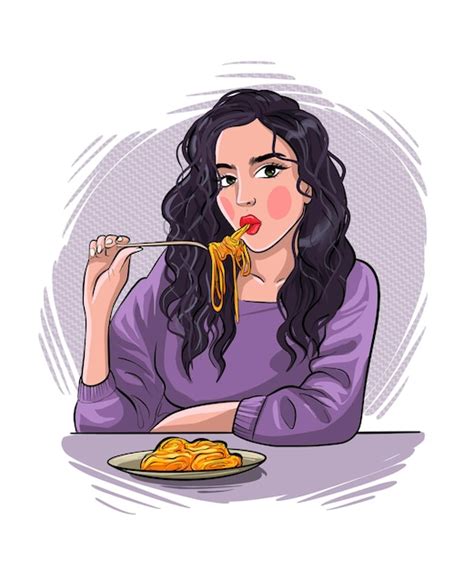 Premium Vector | Portrait of a beautiful young woman hand drawing. The girl is eating pasta ...