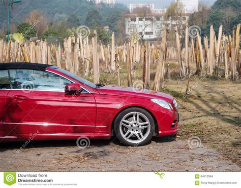 O Carro Vermelho Dos Esportes Estacionou Ao Lado Da Floresta Da Banana