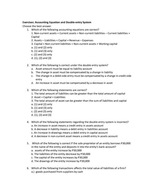 Exercises For Accounting Equation And Double Entry System Exercises