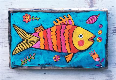 Small Folk Art Fish Painting On Wood By Evesjulia12 On Etsy