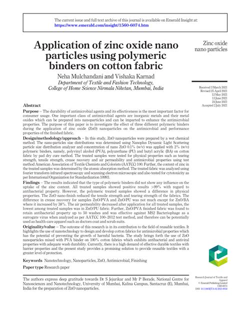 PDF Application Of Zinc Oxide Nano Particles Using Polymeric Binders