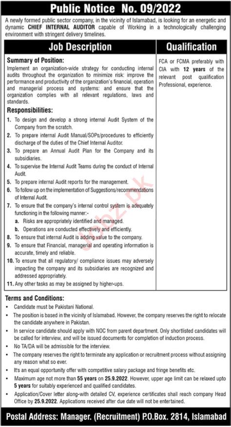 Notice For Job At Public Sector Company Islamabad 2024 Job