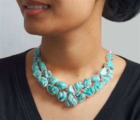 Beautiful Chunky Silver Necklace Studded With Genuine Turquoise On Luulla