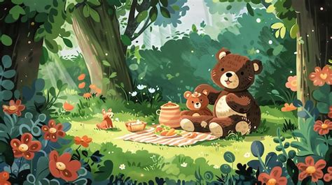 Premium Photo | Cute cartoon bear family having a picnic in the forest The bear family is ...