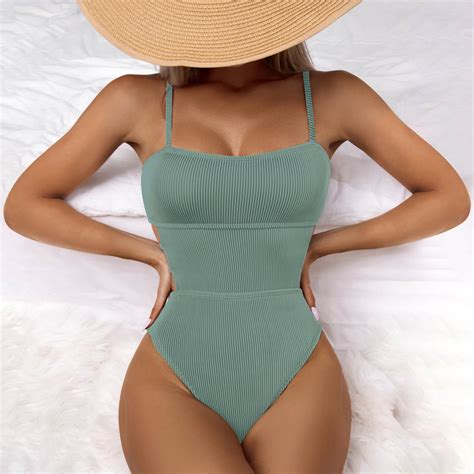 Floenr One Piece Womens Bikini Swimsuit Set Sexy Ribbed Halter Double Straps Front Wrap Bathing