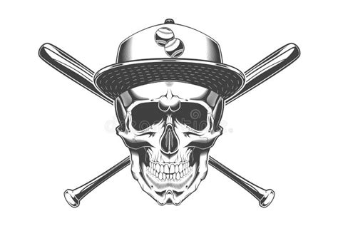 Vintage Monochrome Skull With Baseball Cap And Crossed Baseball Bats