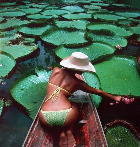 A Woman In A White Hat Is Sitting In A Boat With Lily Pads On The Water