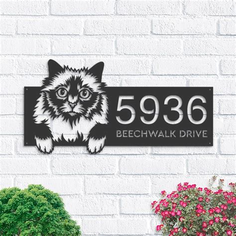 Dinozozo Cute Peeking Holy Burma Cat Address Sign House Number Plaque