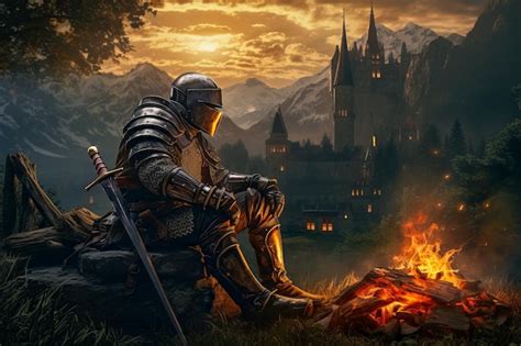 Knight In Armor Resting By Fire With Looming Castle Mountains Backdrop