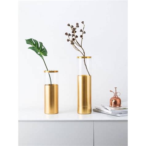 Luxury Golden Glass Straight Vase Flower Hydroponic Bottle Countertop Ornaments Jewelry With