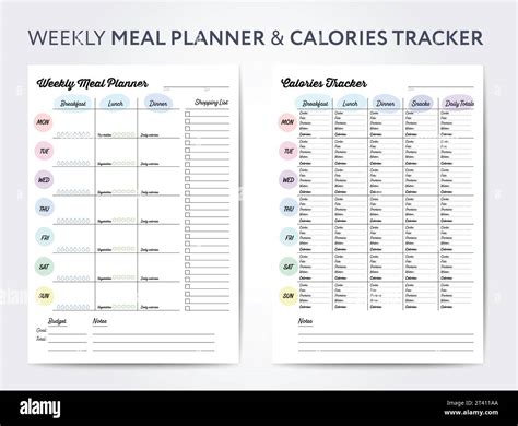 Weekly Meal Planner And Calories Tracker Digital Planner With Shopping List Stock Vector Image