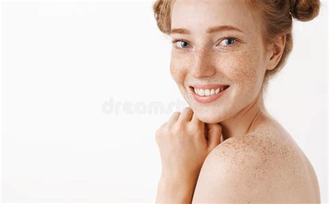 Close Up Shot Of Tender And Feminine Good Looking Ginger Female Standing Naked In Profile