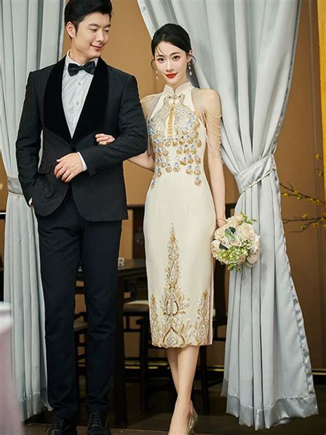 Cheongsam Style Wedding Dress Embroidery Toasting Dress